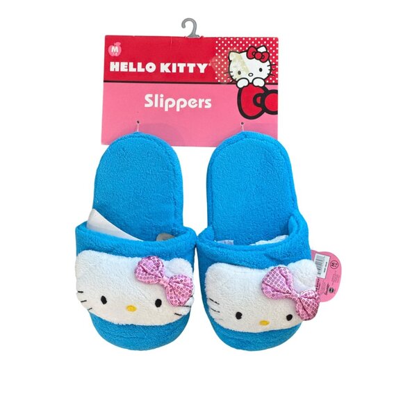 Hello Kitty Blue M-7/8 Slippers With Sequin Pink Bow Plush Comfort Indoor Footwe - Picture 1 of 4
